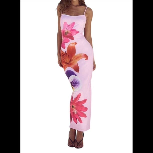 Vestido Floral para Mujer, Verano 2025, con Tirantes Finos, Ajustado, de , para Vacaciones en la Playa. Rosa M