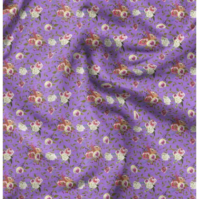 Soimoi Purple polyester Crepe Fabric Leaf Floral Print Fabric by the Yard 52 Inch Wide