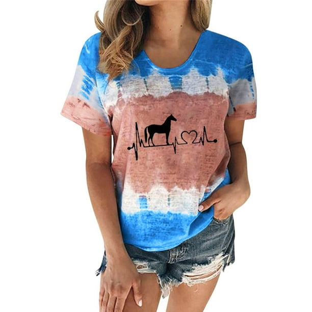 Mujeres Casual Cuello Redondo Manga Corta Estampado Jersey Blusa Camiseta Tops Sueltos OAVQHLG3B Store lin121212