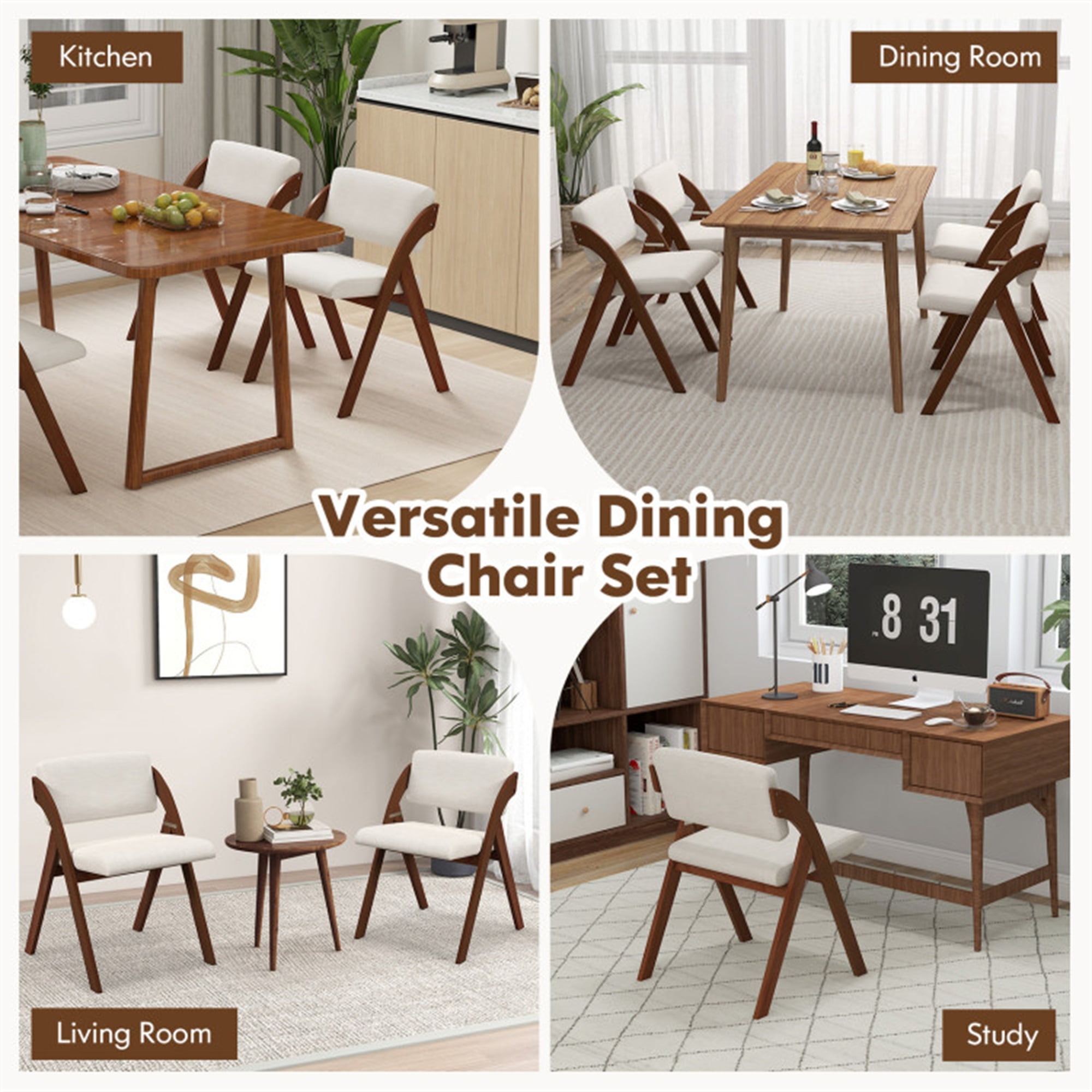 Demi Bonn Set of 2 Folding Kitchen Dining Chairs with Rubber Wood Legs and Backrest, Brown