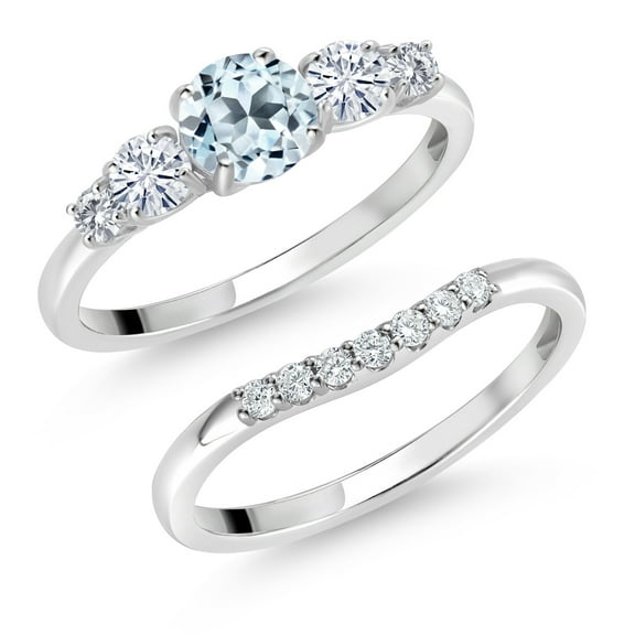 Gem Stone King 10K White Gold Sky Blue Topaz White Moissanite and White Lab Grown Diamond 5 Stone Bridal Engagement Wedding Ring Set for Women (1.01 Cttw, Round: 5MM and 3MM, Size 8)