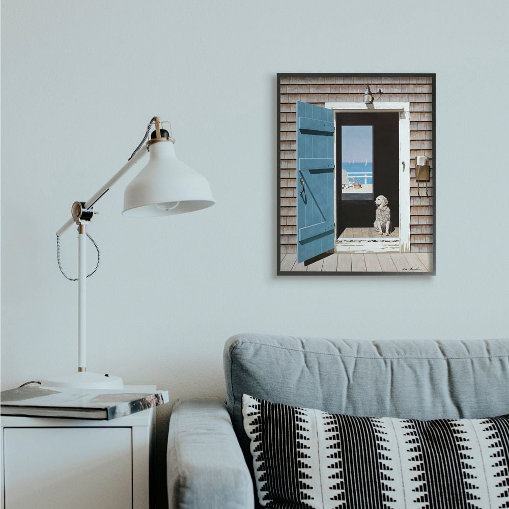 Stupell Industries Dog Between Doorways Calming Coastal Scene Framed Wall Art Design by Zhen-Huan Lu, 24" x 30", Black Framed