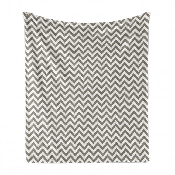 Chevron Soft Flannel Fleece Throw Blanket, Grey and White Zig Zag Lines Striped Pattern Modern Design Print, Cozy Plush for Indoor and Outdoor Use, 50" x 70", Warm Taupe White, by Ambesonne