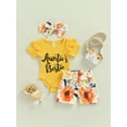 thumbnail image 3 of Newborn Baby Girl Auntie Outfits Auntie's Bestie Short Sleeve Ribbed Romper Floral Shorts Clothes with Headband, 3 of 8