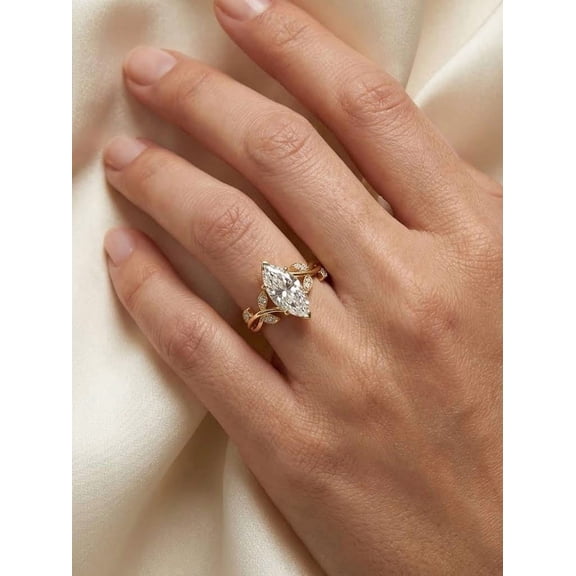 2Ct Marquise Cut Real Moissanite Diamond Women Cluster Engagement Ring 14K Yellow Gold Plated
