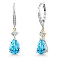Gem Stone King 925 Silver and 10K Yellow Gold Swiss Blue Topaz and White Moissanite and White Lab Grown Diamond Earrings for Women | 5.06 Cttw | GemstoneNovember Birthstone | Pear Shape 10X7MM