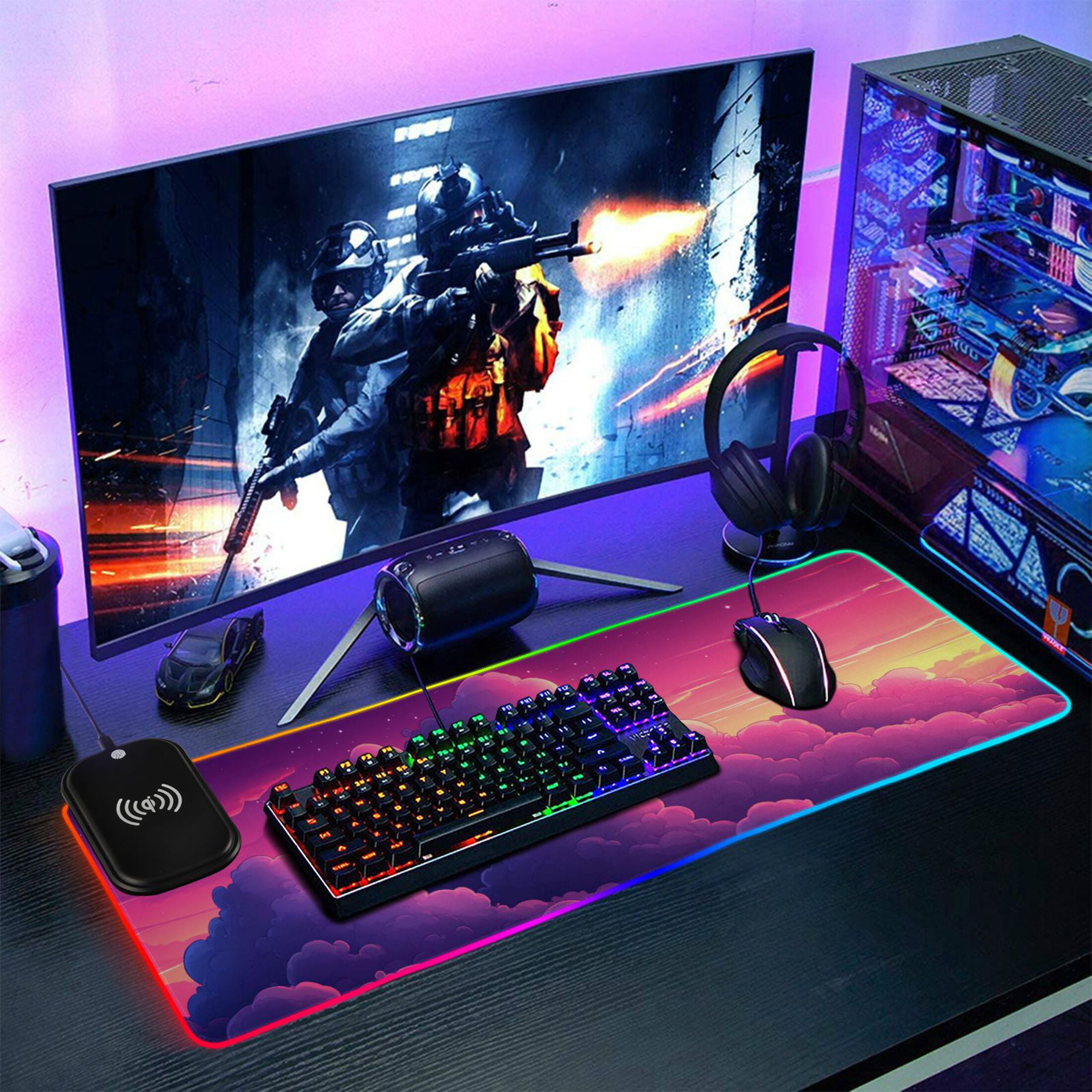 Purple Clouds Cartoon Wireless Charging RGB Gaming Mouse Pad Large Keyboard Mat Rubber Base 13 Light Modes