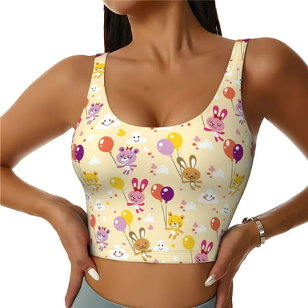 Jgfou Rabbit And Balloon Print Womens Sports Bra - Padded Workout Sports Bras Crop Tank Top