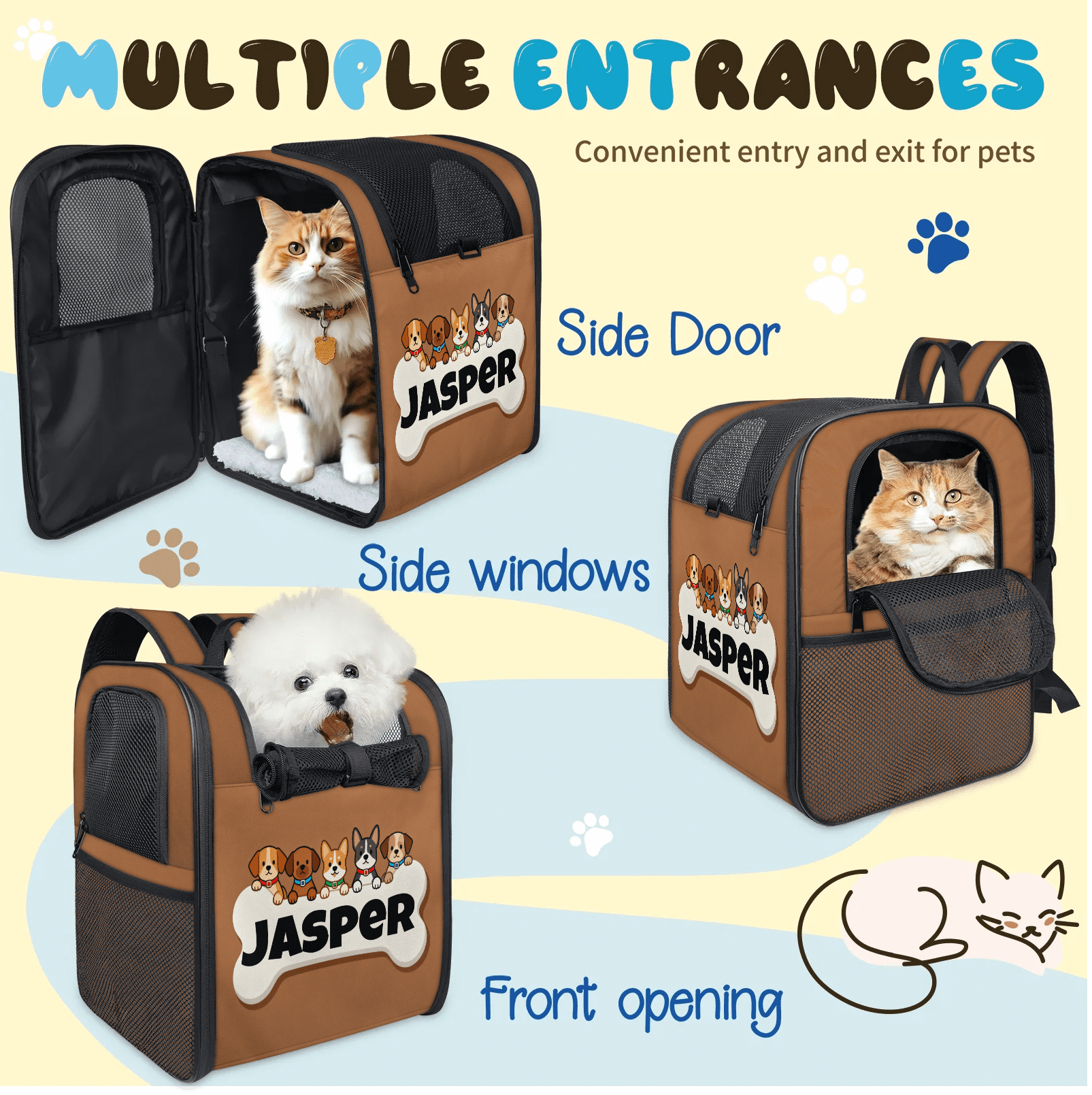 Personalized Pet Backpack Carrier for Cats and Puppies,Breathable Mesh,Custom Name Pet Travel Bag with Escape Proof Lock & Removable Pad