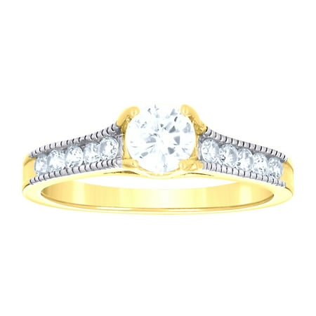 14k Gold Womens Two-Tone Cz Center Stone White Sz7 Wedding Engagement Ring Band