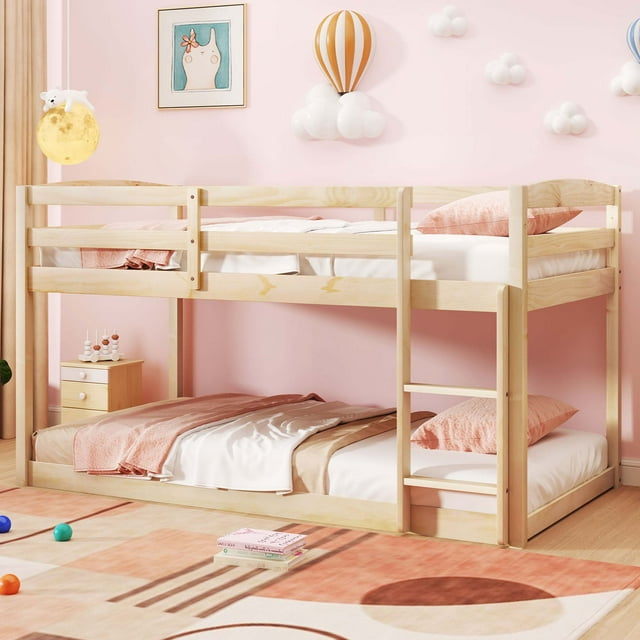 Costway Twin over Twin Low Bunk Bed with Guardrails Integrated Ladder Kids Wooden Beige