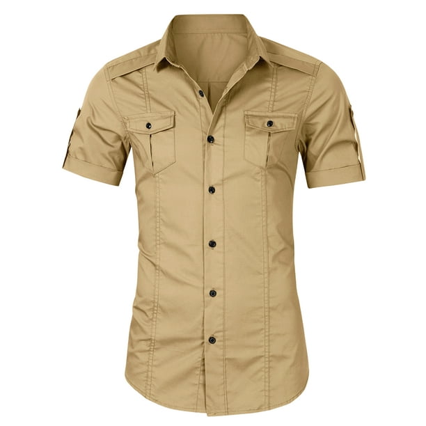 Camisa cargo caqui para hombre, manga corta, ajuste regular, botones, safari, camisas de trabajo, grande Unique Bargains Camisa