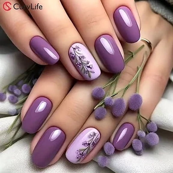 CurvLife Lavender Press-On Nails - 30PCS Oval, Mysterious Floral Design, Non-Toxic & Reusable, Salon Quality