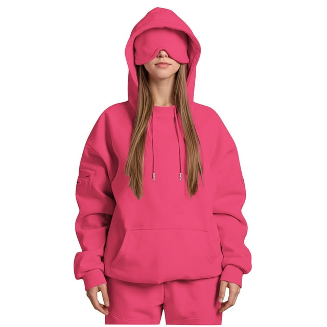 VINUSLI Basic Hoodies for Women Plus Size Pullover Lightweight Drawstring Hoodies Jacket with Eye Mask Solid Long Sleeve Sweatshirts with Pockets Hot Pink,S