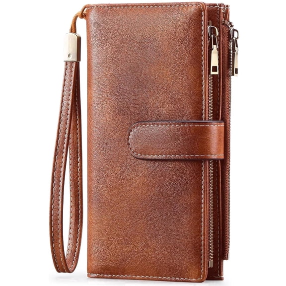 Burufy Womens Wallets Large Capacity Credit Card Holder Rfid Wallet Women Double Zipper Pocket Leather Bifold Ladies Wristlet Clutch Wallet