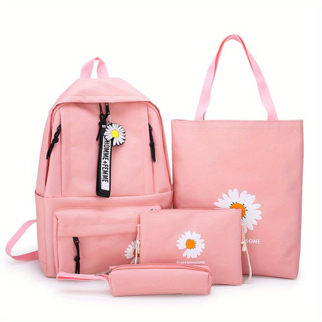 Juego De Mochila Kawaii De 4 Piezas, Mochila Escolar Con Estampado De Margaritas Con Bolso De Mano, Bandolera Y Estuche Para Lápices