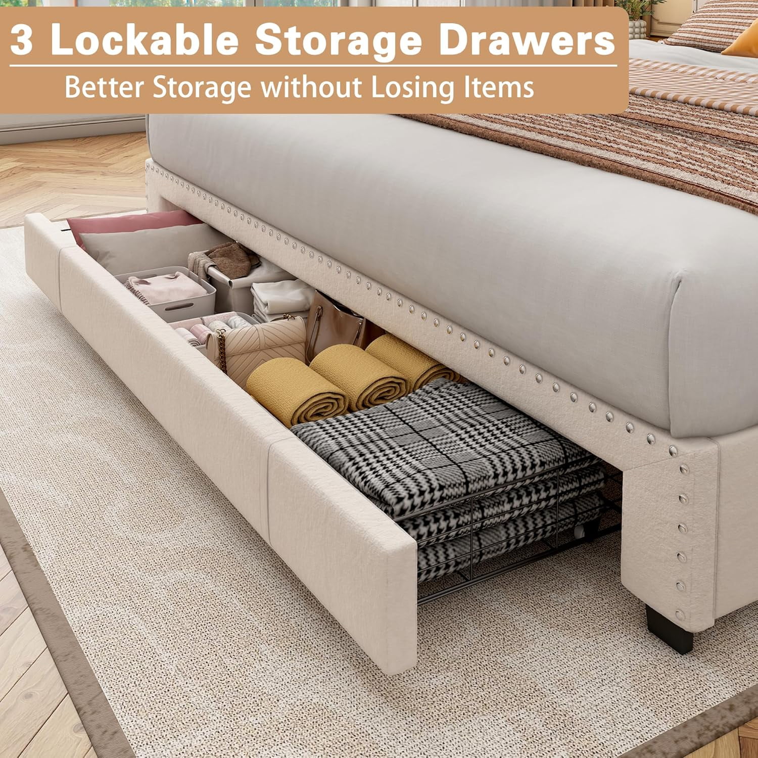 Pipleo Full Size Bed Frame with headboard, Full Bed Frame with 3 Drawers, Velvet Upholstered Platform Bed Frame with Storage, LED Lights and Charging Station