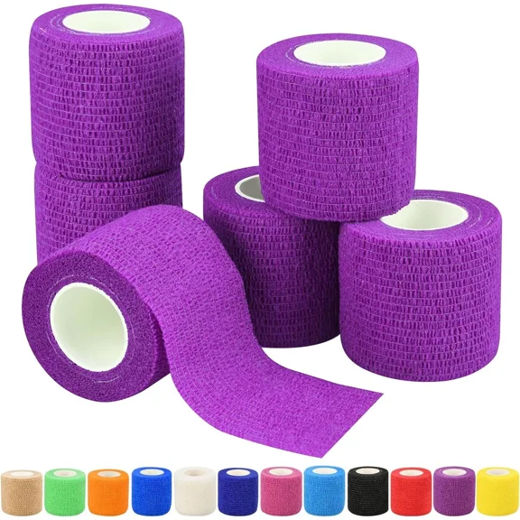 Self Adhesive Bandage Rolls 2"x5 Yards, 6/Pack Elastic Stretch Home First Aid Cohesive Purple Rolls Wrap, Vet Tape