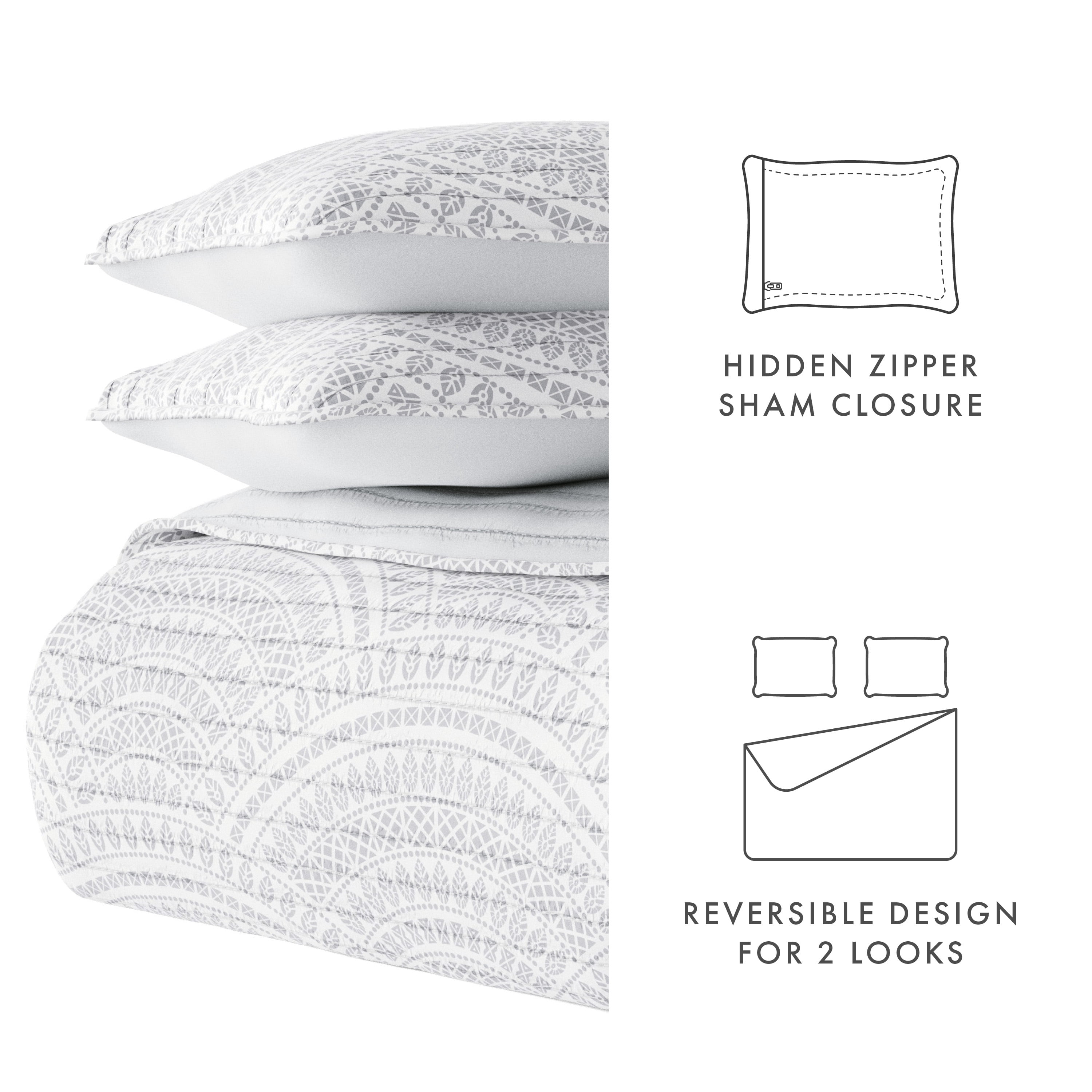 Noble Linens Light Gray 3 Piece Scallop Reversible Microfiber Quilt Set, King / CalKing