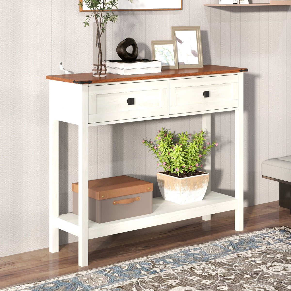 Console Table with Storage, Farmhouse Entryway Table, Rustic Sofa Table with 2 Drawers and Bottom Shelf for Living Room, Hallway, Foyer, Antique White