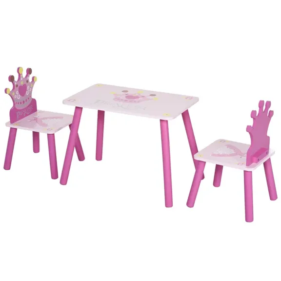 Kids Wooden Table and Chair Set,3-Piece Pink Furniture for Toddlers Age 3-8,Charming Crown Design Perfect for Princess-Themed Rooms