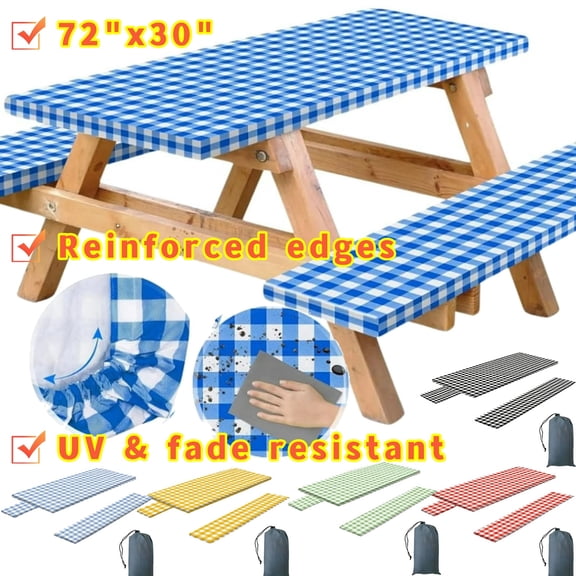 Picnic Table Cover with Bench Covers, 3pcs Set Outdoor Waterproof Picnic Tablecloth with Elastic Edges, 72x30 Inches, Black
