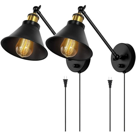 

Lighting-Dimmable Swing Arm Wall Lamps with On/Off Switch & Plug in Wall Mounted Lamps Wall Sconces Set of 2 for Bedroom Bedside Living Room Dorm- Black&Brass (Without Bulbs)
