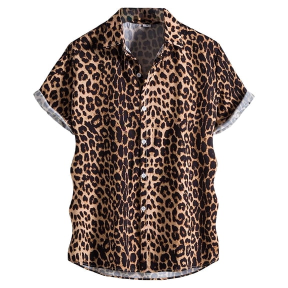 Xmyrz Button Down Shirt For Men Short Sleeve Leopard Print Loose Collar Shirts Lightweight Classic Basic Blouse Brown L