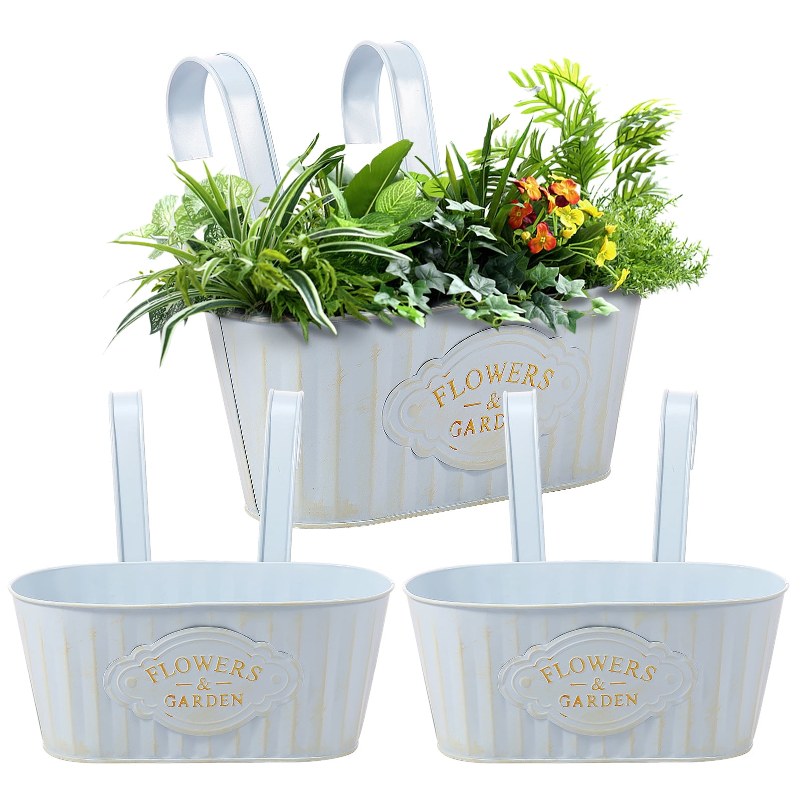 Keyohome 3Pcs Hanging Flower Pots,Metal Wall Planter,Iron Bucket Planter with Detachable Hooks for Indoor Outdoor,Drainage,Rustproof,Blue,10.6"