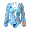 thumbnail image 2 of Sakmal One Piece Swimsuits for Women Long Sleeve Slimming Bathing Suit Stretchy Blue V Neck Womens Swimwear L, 2 of 9