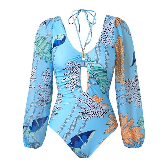 Levmjia Women's Modest High Stretch Long Sleeve One Piece Swimsuit Tropical Leaf Print Nylon Spandex Scoop Neck Tie Back Tummy Control S - XL Plus Size Swimwear