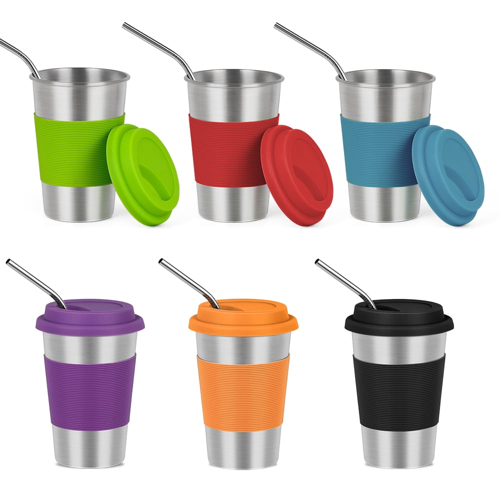 16 oz Metal Drinking Glasses Kids Stainless Steel Cups 6 Packs with ...