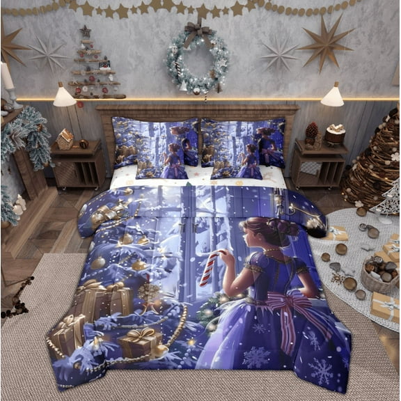 Manfei Kawaii Princess Twin Bedding Sets 7-Piece for Girls, Dreamy Fairy Tale Bedding Comforter Set, Christmas Tree Gifts Reversible Sheet Sets, Super Cozy Room Decor
