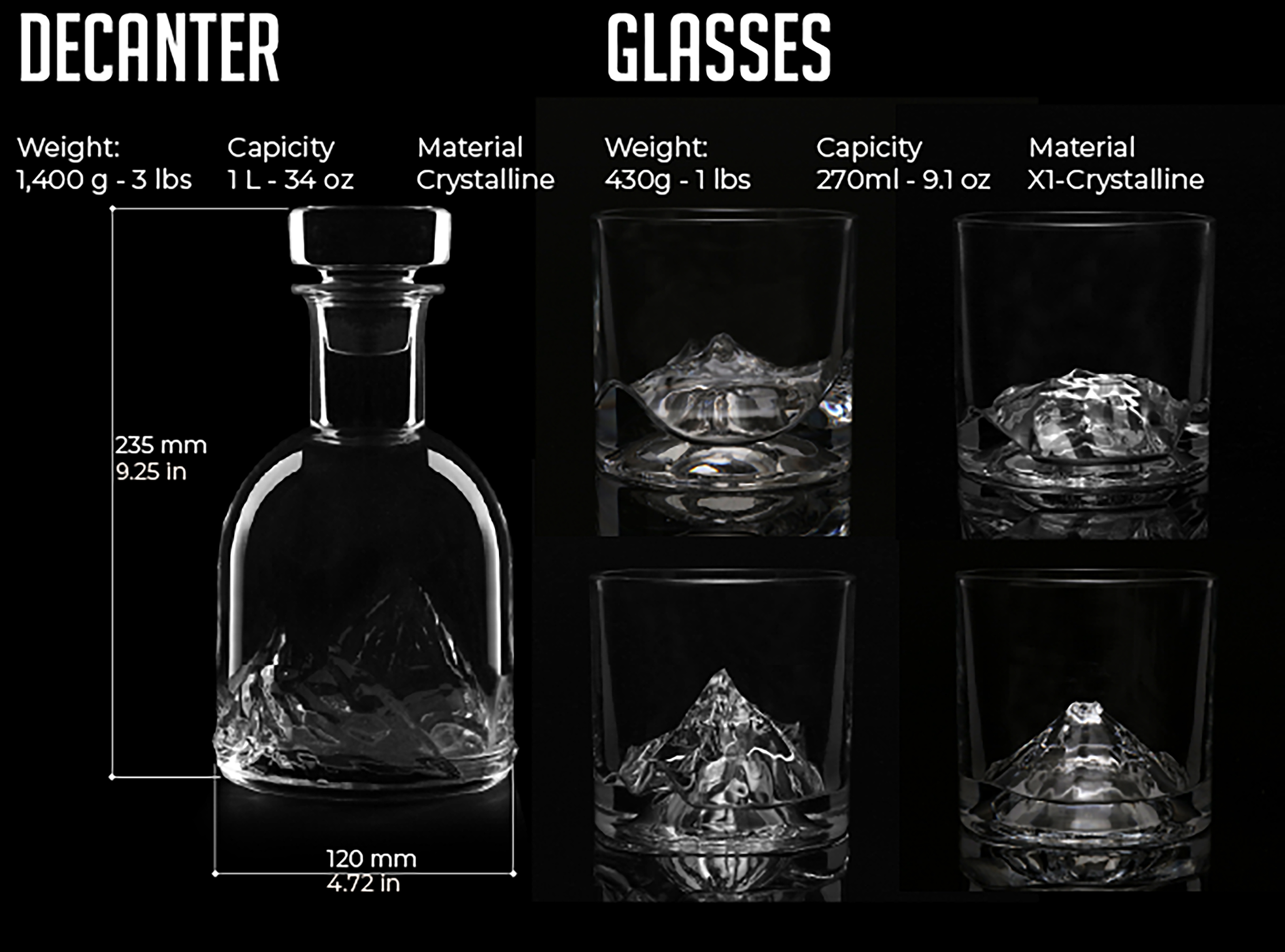 LIITON The Peaks Crystal Whiskey Decanter Set with Glasses