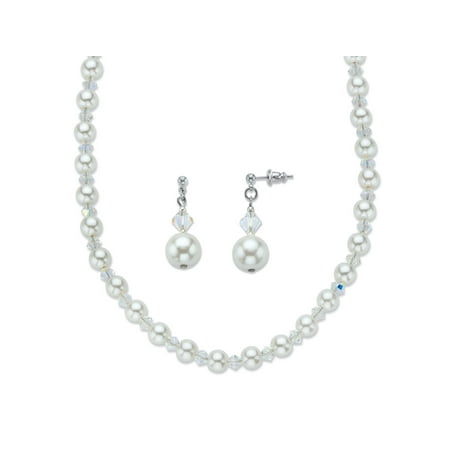 Aurora Borealis Crystal and Simulated Pearl Beaded Necklace and Earring Set MADE WITH SWAROVSKI ELEMENTS in Silvertone 18