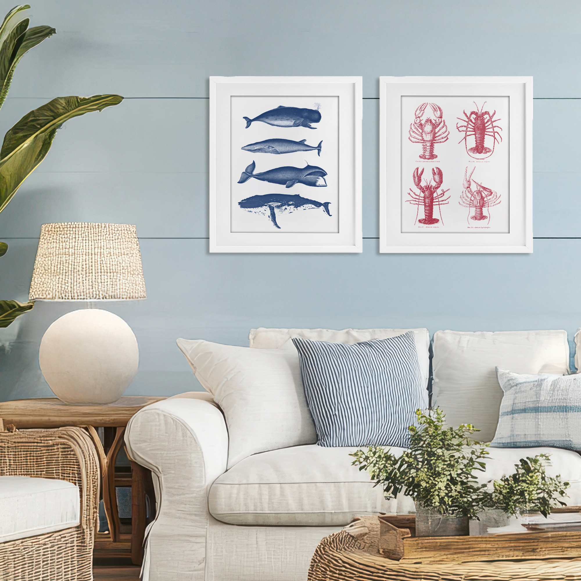 Marine Whales & Lobsters 2 Piece White Framed Print Under Glass Set, design by Lettered and Lined