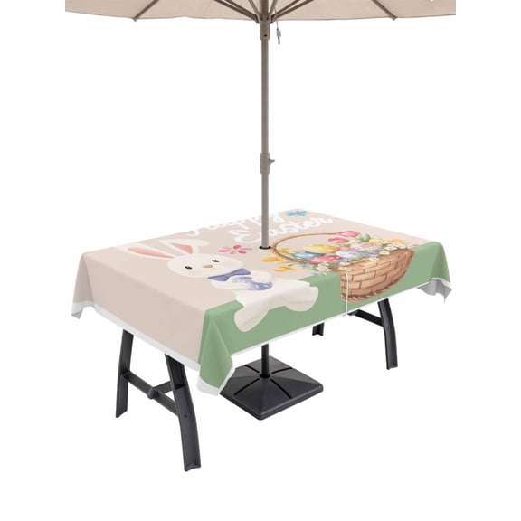 Happy Easter Outdoor Tablecloth - 60x84 Inch Rectangle Dining Table Cover, Cute Bunny Colorful Eggs Spring Flowers Green Waterproof Outdoor Table Cloth with Umbrella Hole & Zipper for Picnic/Patio