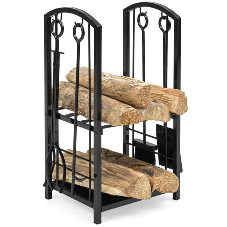 Best Choice Products 5-Piece Wrought Iron Firewood Log Storage Rack Holder Tools Set for Fireplace, Stove w/ Hook, Broom, Shovel, (Best Firewood For Camping)