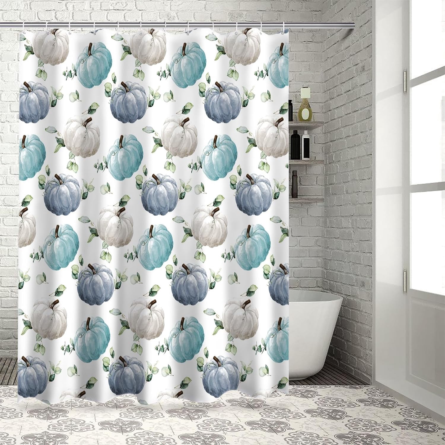 Fall Shower Curtain Watercolor Pumpkin Blue White Shower Curtains for Bathroom Green Eucalyptus Leaves Bath Curtains Sets for Autumn Thanksgiving Seasonal Bathroom Decor Fabric Waterproof 72 x 72 in