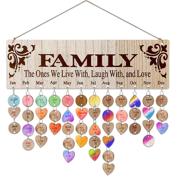 Birthday Calendar Wall Hanging with Tags (100 Pcs Heart and Disc Shape), Family Birthday Plaque for Mom Grandma Gift, Birthday Chart Wooden DIY for Classroom Home Decor