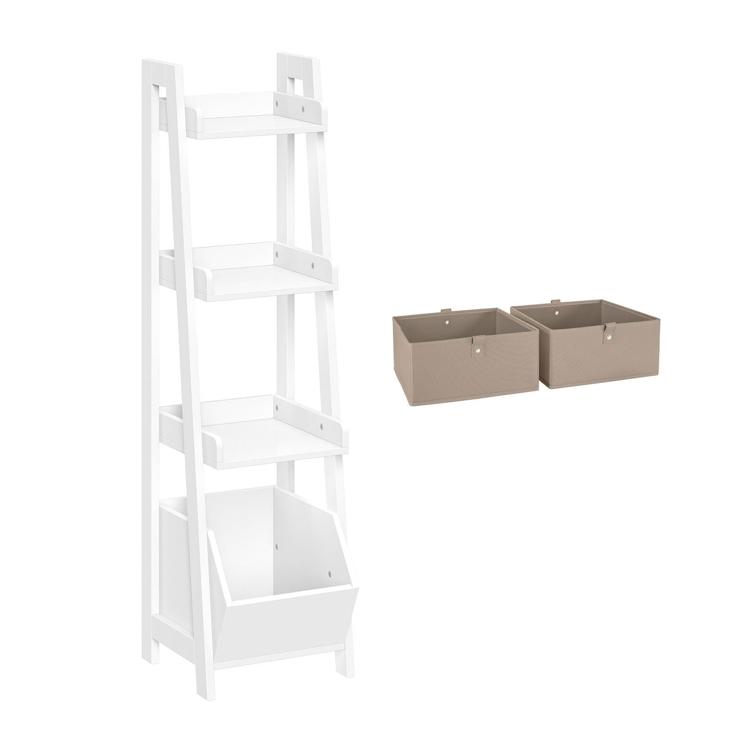 Kids 4-Tier 13in Ladder Shelf with Toy Organizer and 2pc Taupe Bins