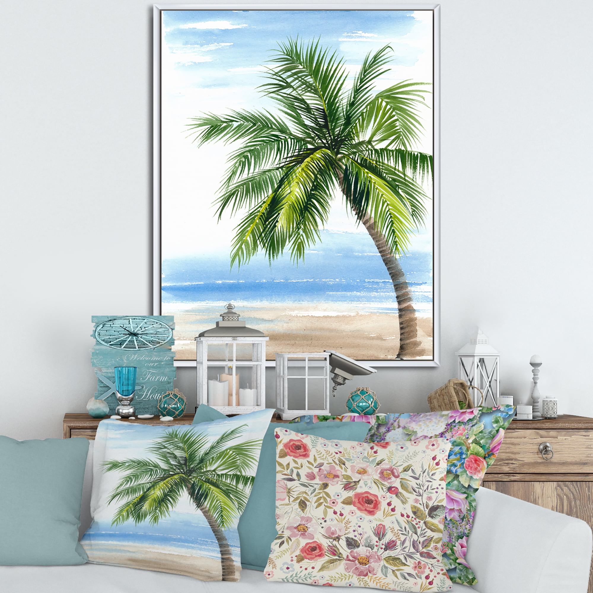 Designart 'Palm Tree At The Beach' Nautical & Coastal Framed Canvas Wall Art Print