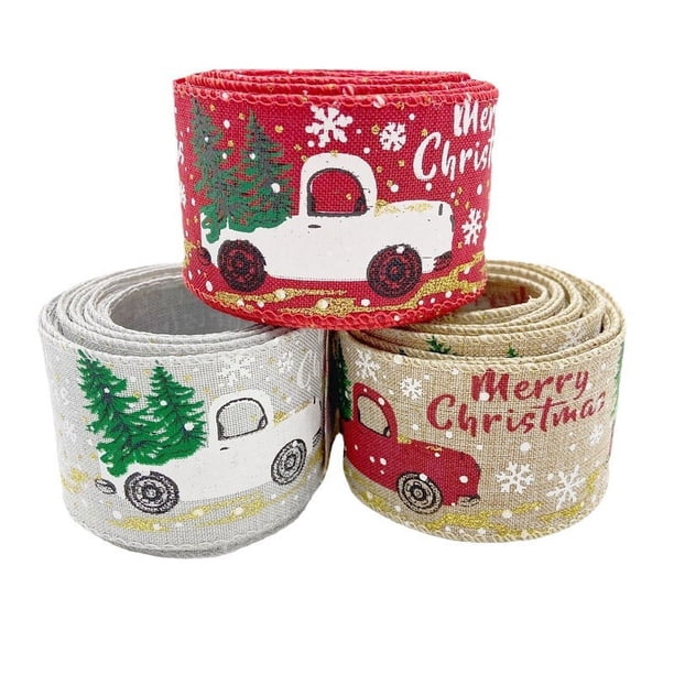 3 rollos de cinta navideña, cintas con borde de alambre para Navidad, cinta con alambre para árbol de Navidad y camión, cinta para envolver