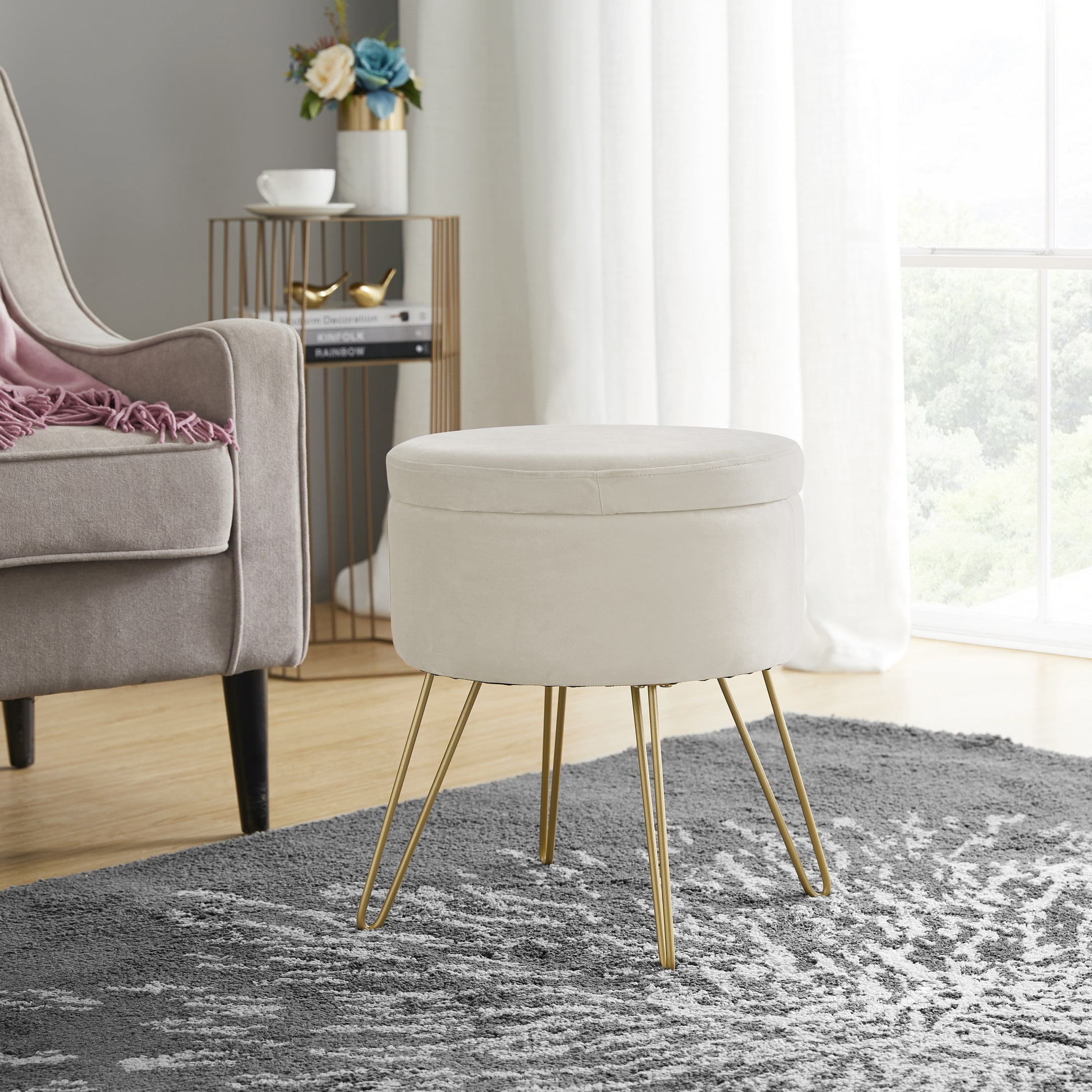 Ornavo Home Round Velvet Storage Ottoman & Tray Top Coffee Table