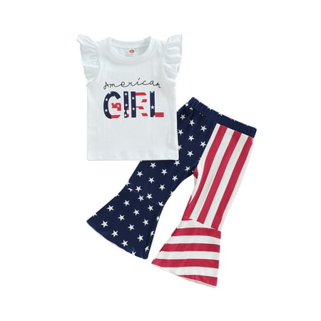 

Calsunbaby Independence Day Kids Girls Outfits Summer Tops Stars Stripe Print Casual Flared Pants Clothes Set White 5-6 Years