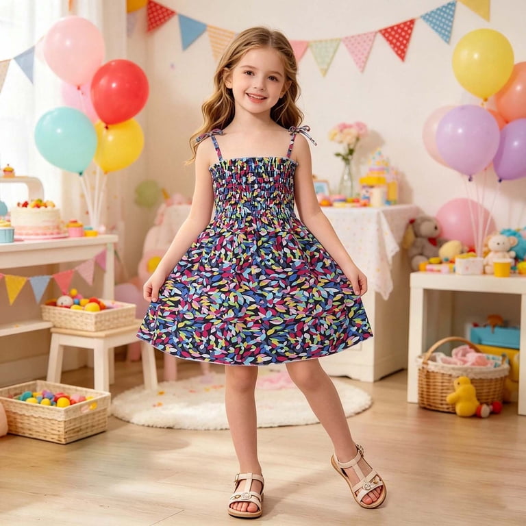 Puyaiuu Toddler Girls Cute Print Spaghetti Strap Dress Breathable Summer Beach Party Dress 1-7Y （3-4 Years)