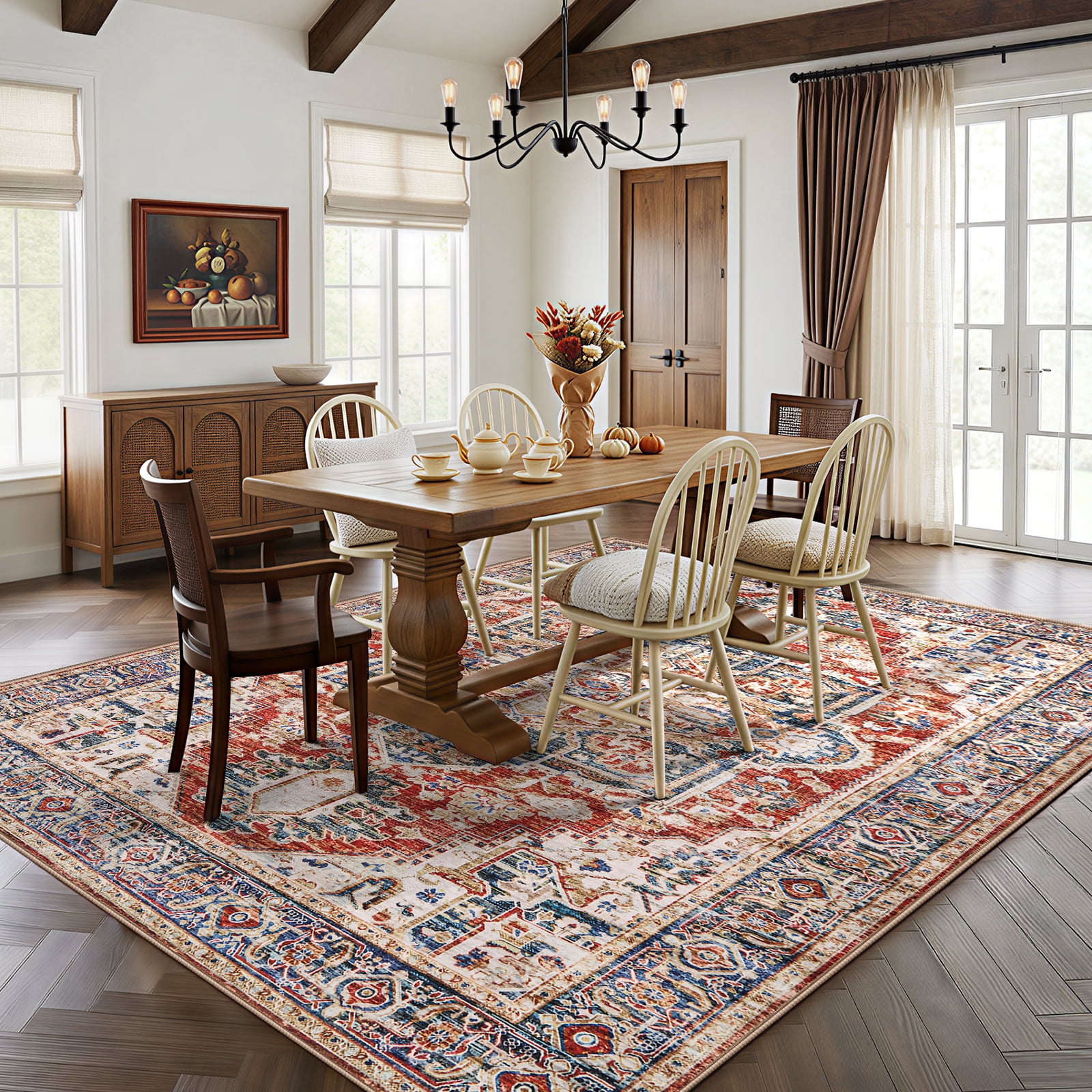 CHITOOMA 9'x12' Boho Area Rugs for Living Room, Machine Washable Area Rug with Non-Slip Backing, Stain Resistant Non-Shed Carpet for Bedroom, Dining Room, Dorm, Office
