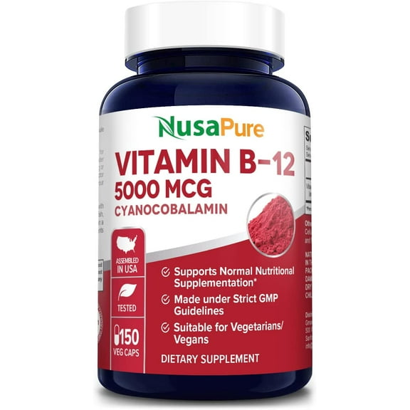 NusaPure 5000 MCG Vitamin B12: 150 Veggie Capsules, Non-GMO & Gluten-Free, Dietary Supplement for Unisex Adult Health & Wellness
