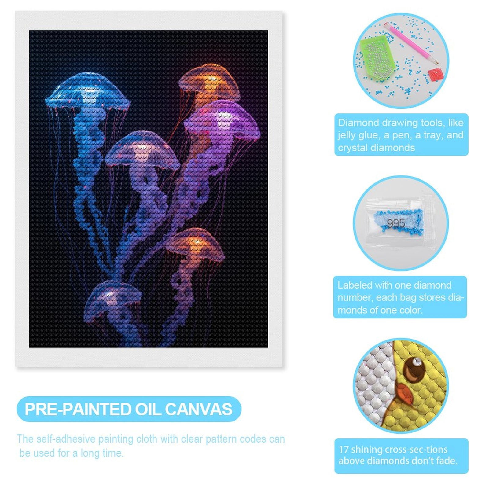 Diamond Art Kits for Adults, Glowing Jellyfish Marine Beauty 5D Diamond Painting Kits for Adults Beginners, DIY Full Drill Diamond Painting, Gem Art and Crafts 12x16