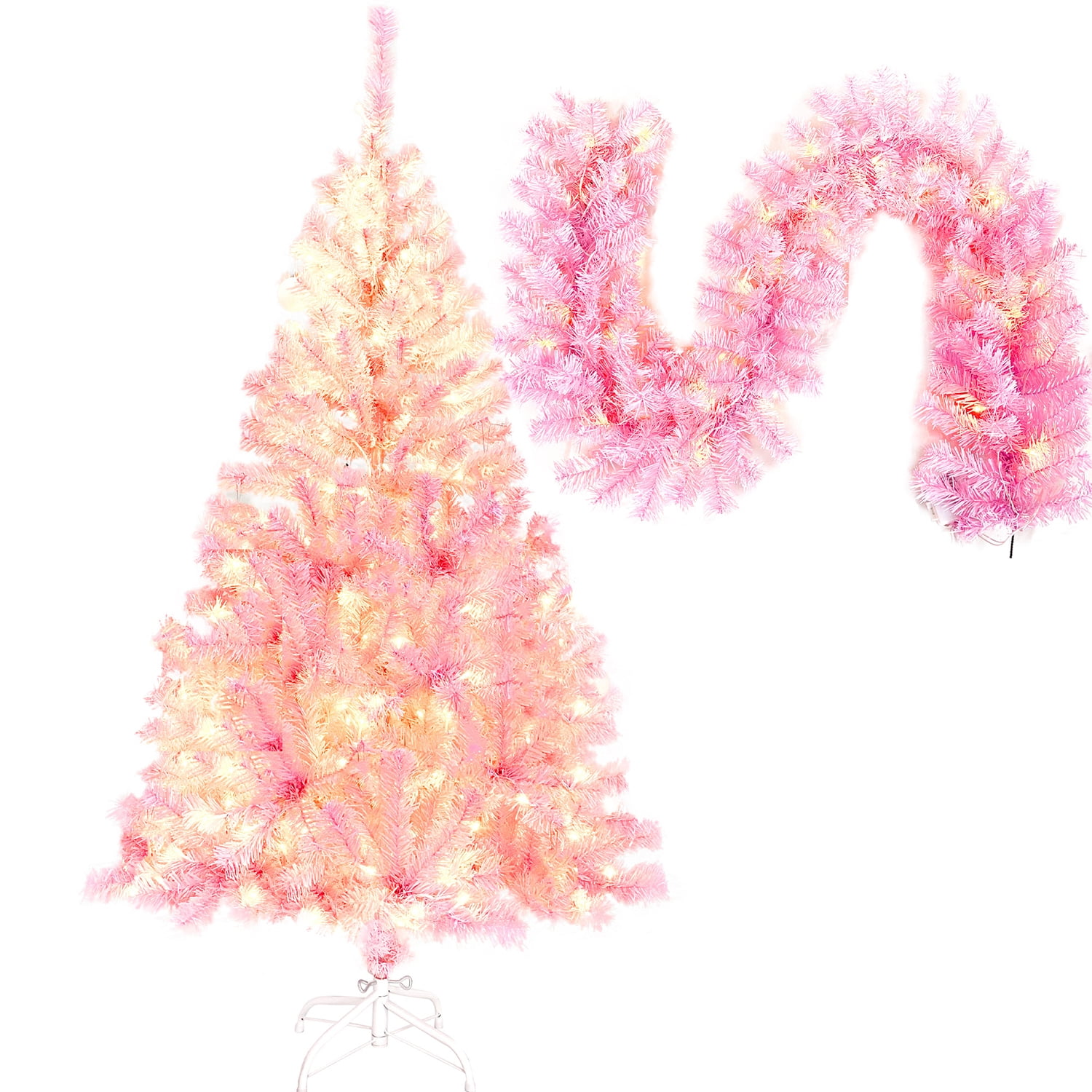 Kadyn Pre-lit Artificial Christmas 2-Piece Set, Xmas Tree 5FT Pink Christmas Tree with 6 feet Garland X-mas, Pink Kadyn Pre-lit Artificial Christmas 2-Piece Set, Xmas Tree 5FT Pink Christmas Tree with 6 feet Garland X-mas, Pink